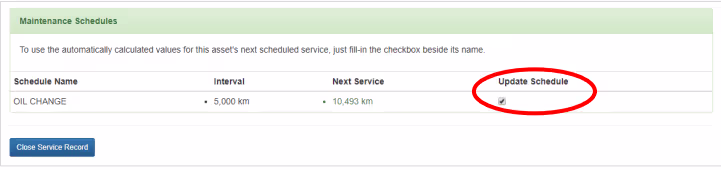 The prompt to update the maintenance schedules attached to a service record