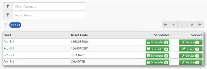 The Maintenance screen, listing company assets one per row