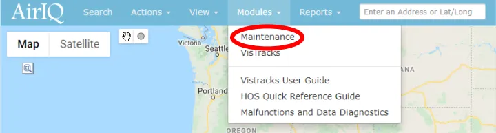 The Modules dropdown on the AirIQ Fleet toolbar, with Maintenance listed