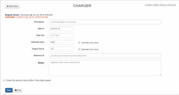 The New Service Record form