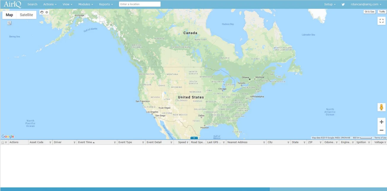 The AirIQ Fleet map view on first login, centered on North America