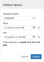 The History Query window, with fields for the date range and search criteria