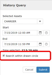 The history search panel with Search within drawn radius selected