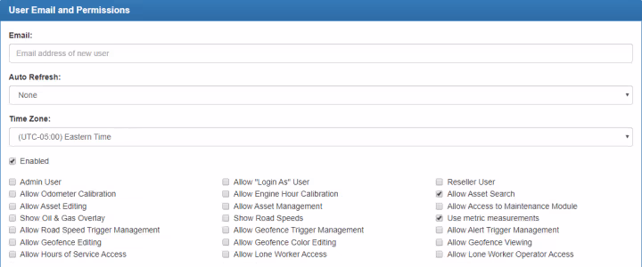 The User Email and Permissions box, with the available options