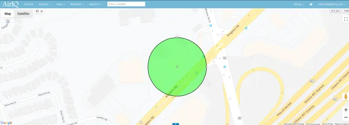 A radius circle drawn on the map