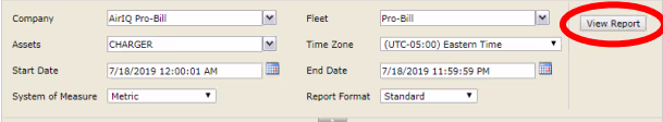 The report criteria row, with asset, date range and fleet fields beside the View Report button