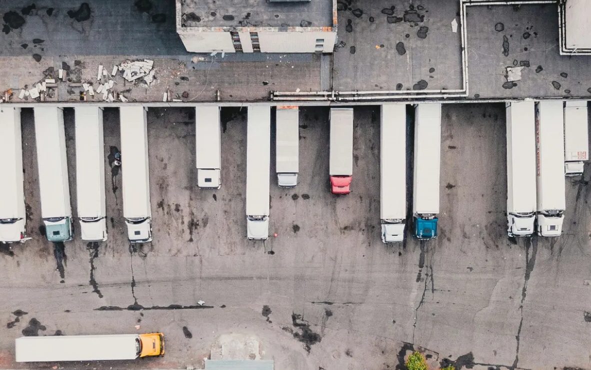 Trailers lined up at loading docks, seen from above